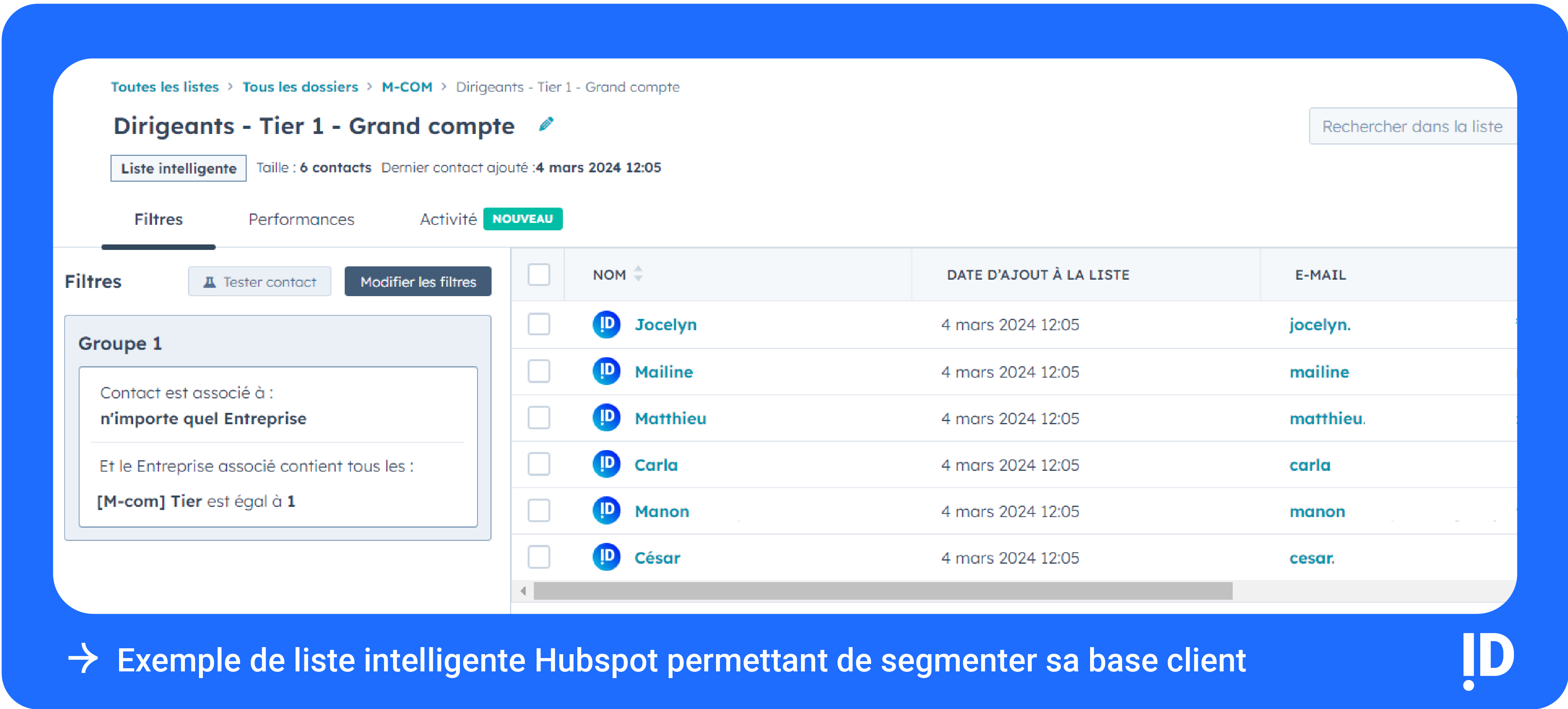 Exemple de liste intélligente hubspot