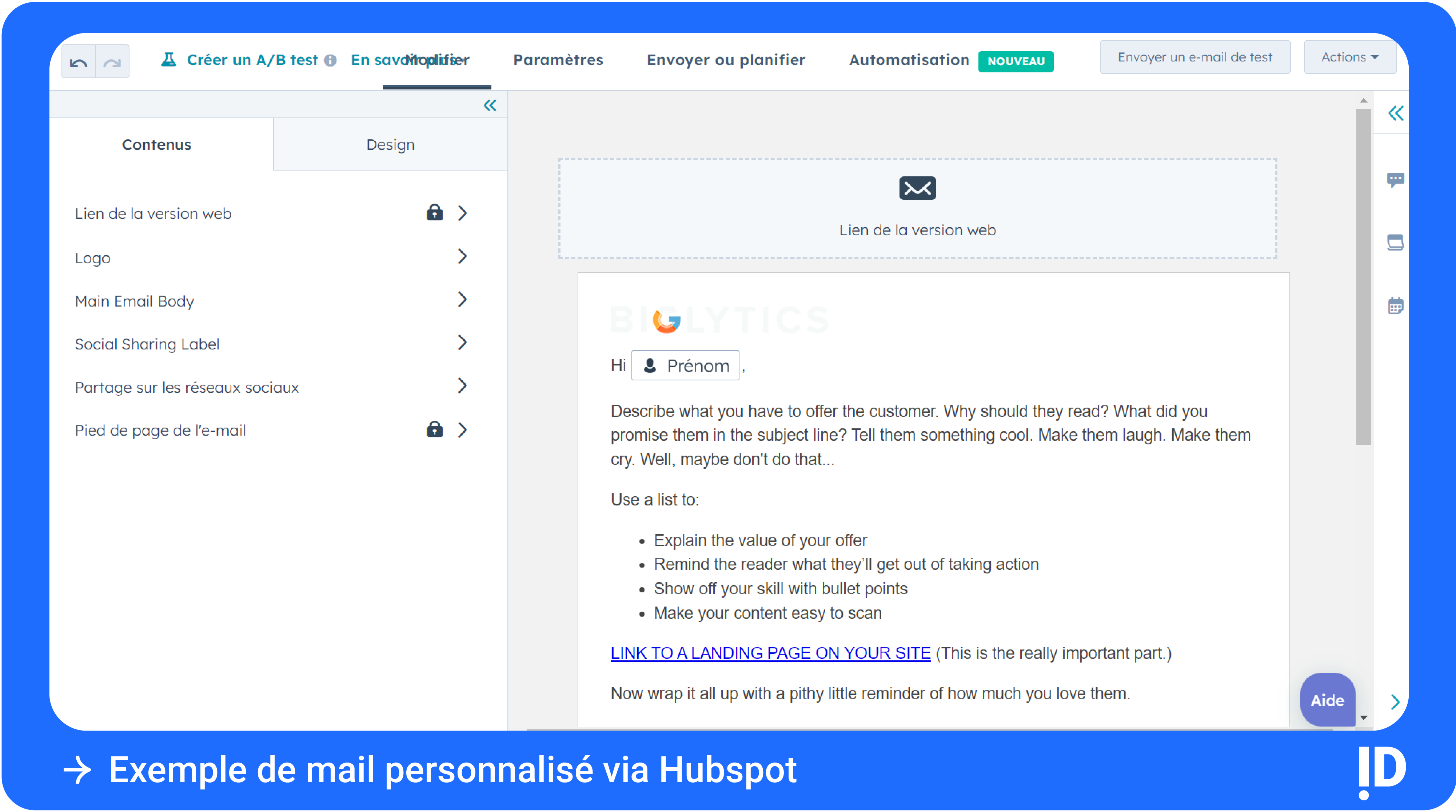 Exemple de mail personnalisé via Hubspot