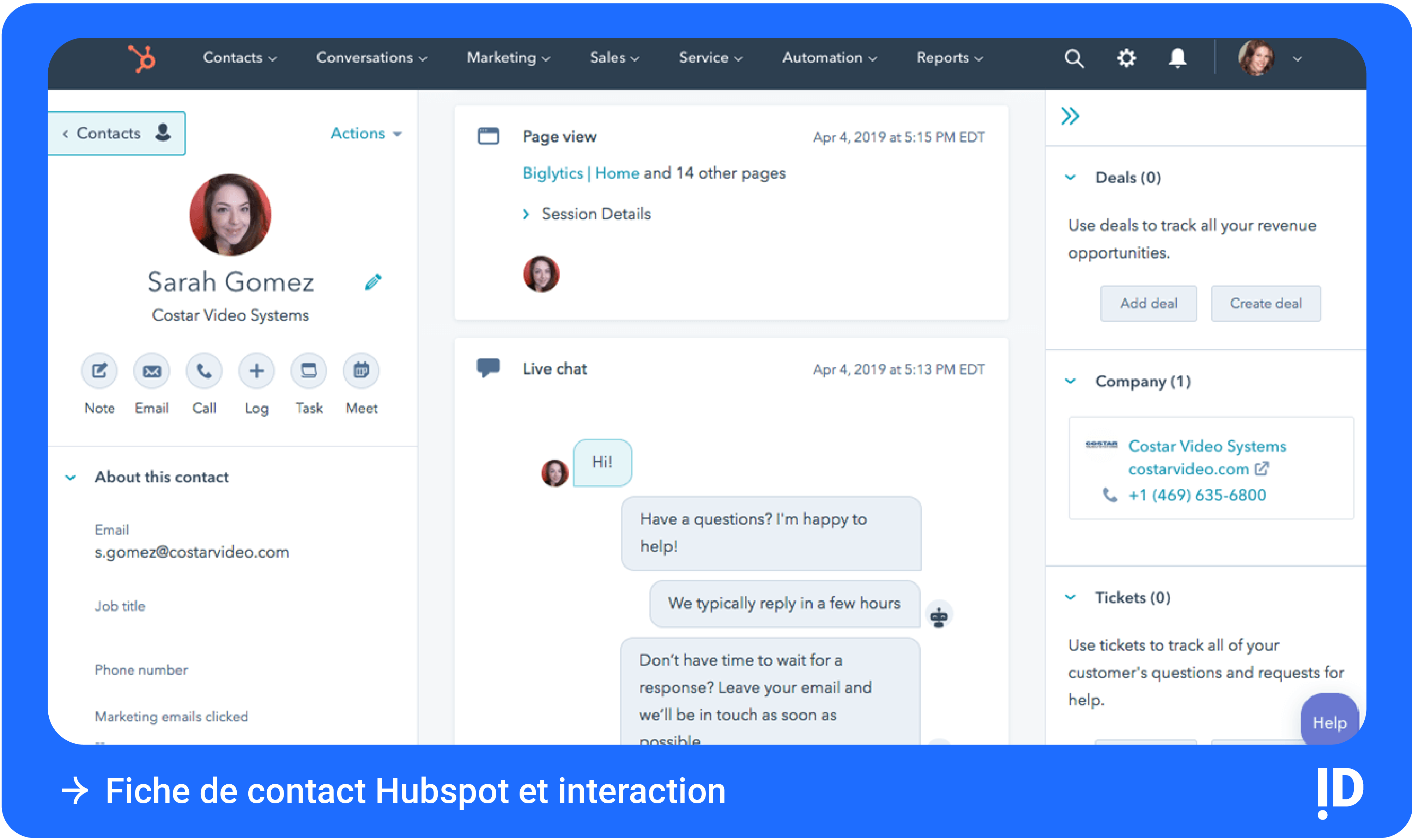 Fiche de contact Hubspot et interaction
