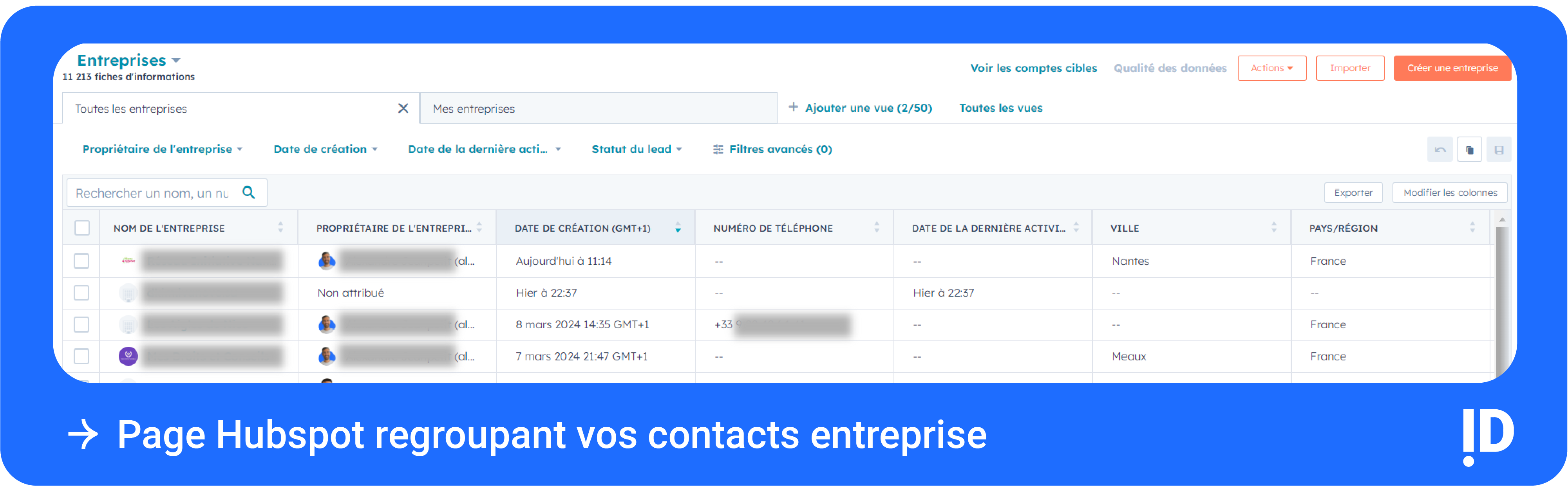 Page Hubspot regroupant vos contacts entreprise 