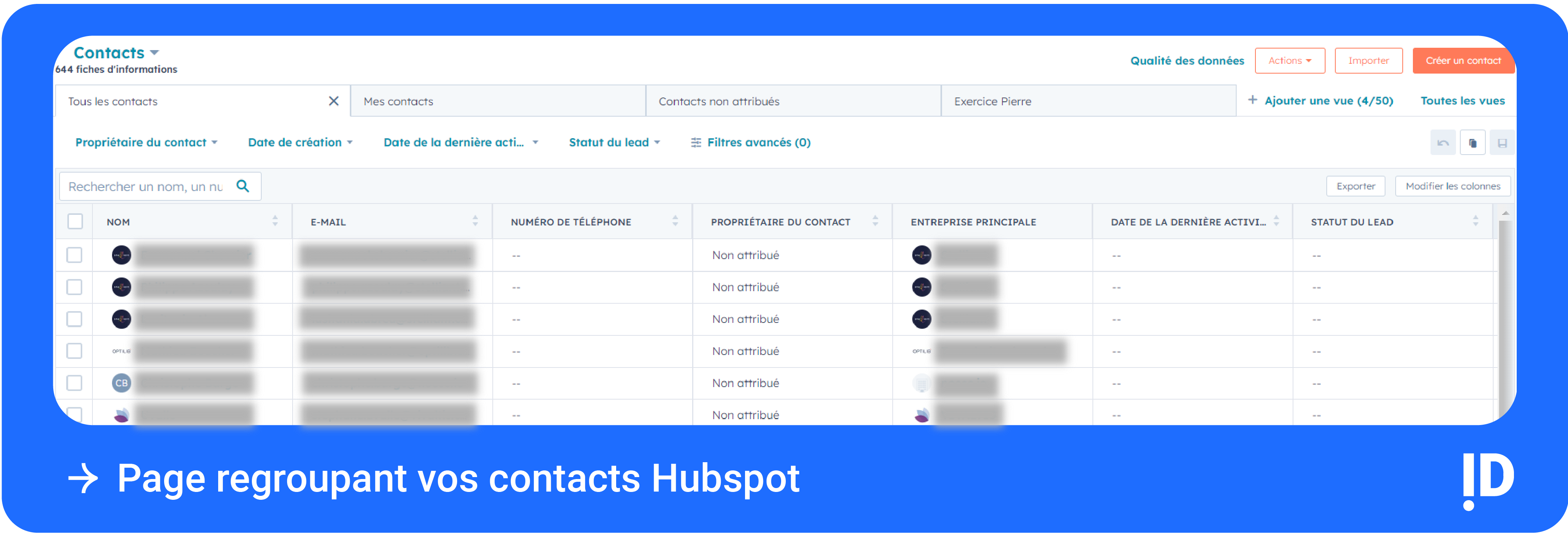 Page regroupant vos contacts Hubspot