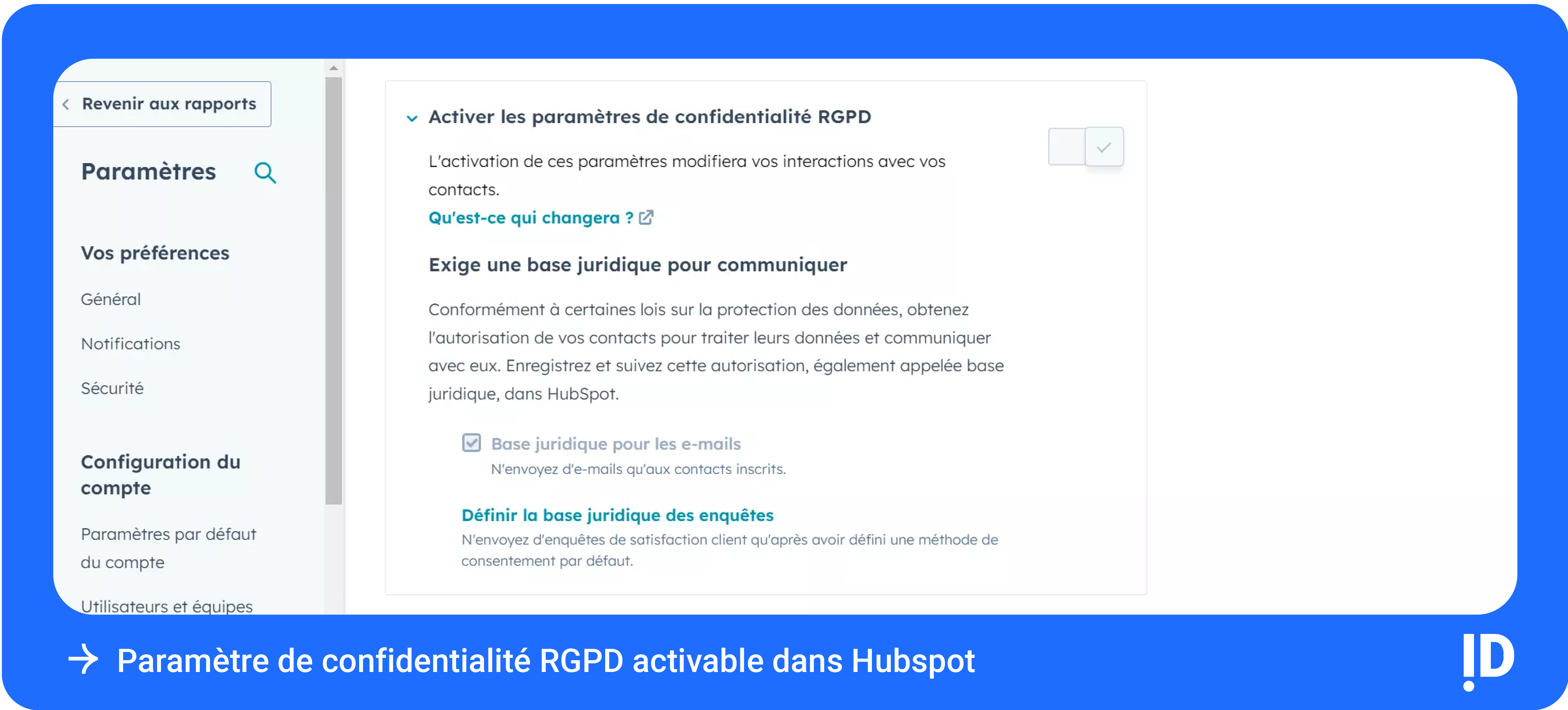 Paramètre de confidentialité RGPD activable dans Hubspot