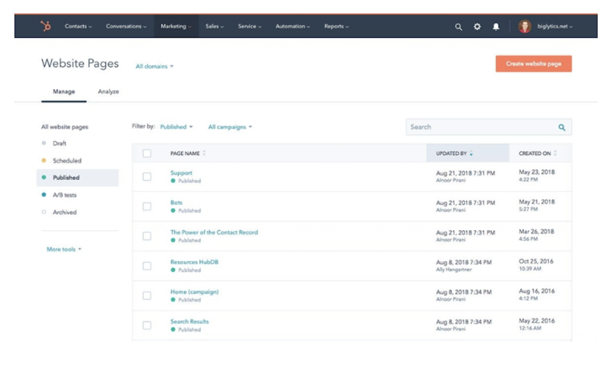 interface plateforme hubspot