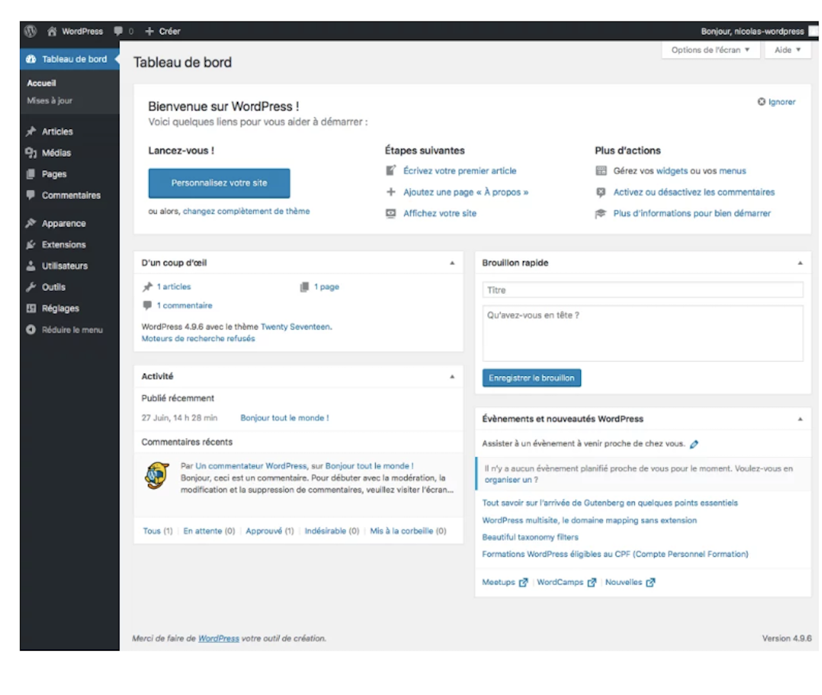 interface plateforme wordpress